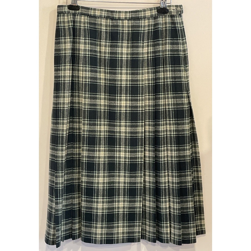 Vtg 90's Pendleton Plaid Wool Midi Skirt Size 16P Pleated Green Beige White VGPC